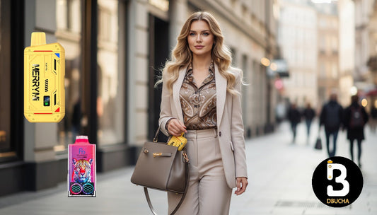 Jednorazówki e-papieros jako modny dodatek. Elegancka kobieta z torebką i nowoczesny e-papieros jednorazówka (np. Fumot Leopard 40k).