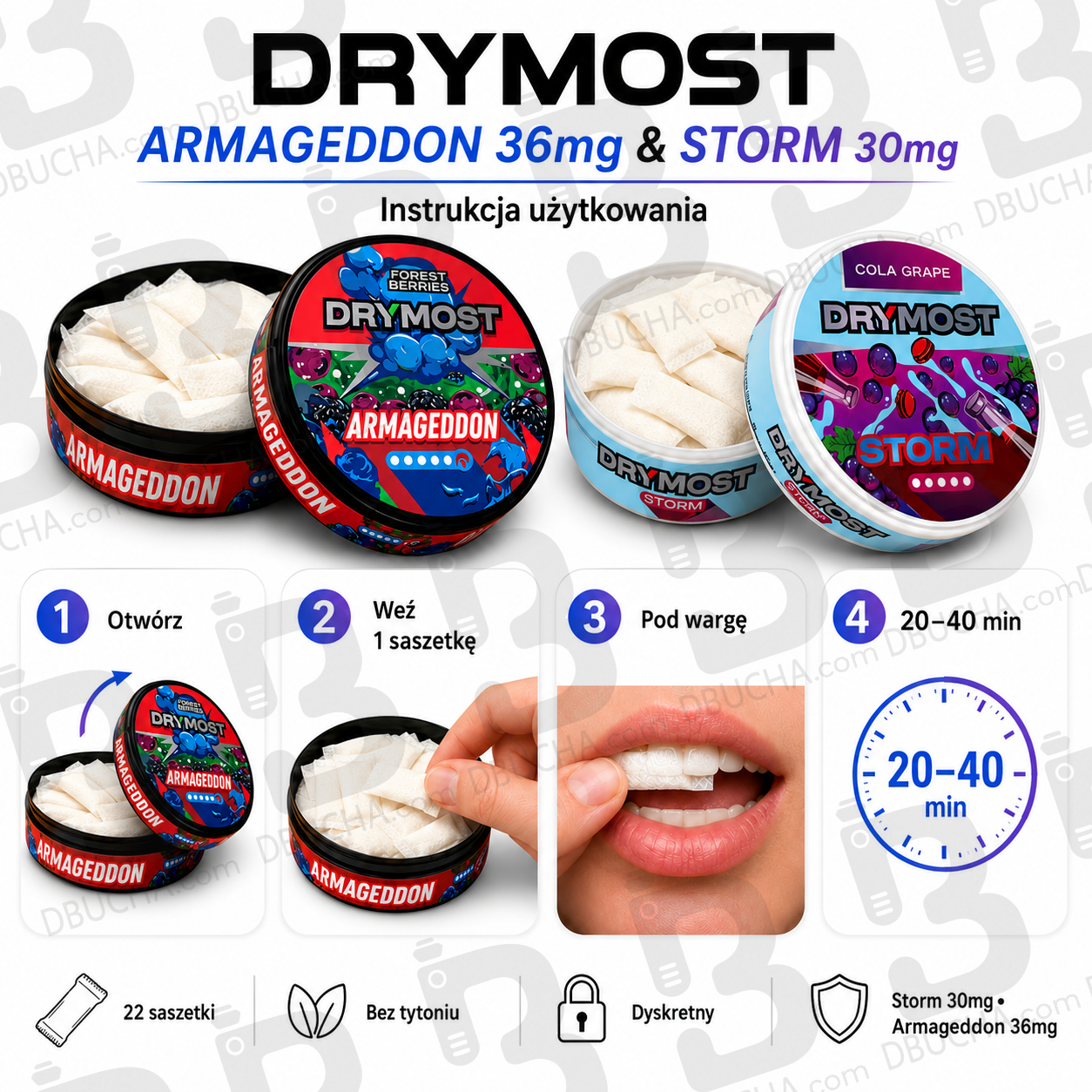 Drymost Armageddon 36mg - Snus - saszetki nikotynowe 22 szt. - instrukcja używania