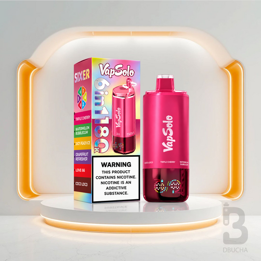 Jednorazówka VapSolo® Sixer 180K 6w1 Triple Cherry / Watermelon Bubblegum / Juicy Peach Ice / Grapefruit Refresher / Love 66 / Coco Loco – e papieros 180 000 buchów